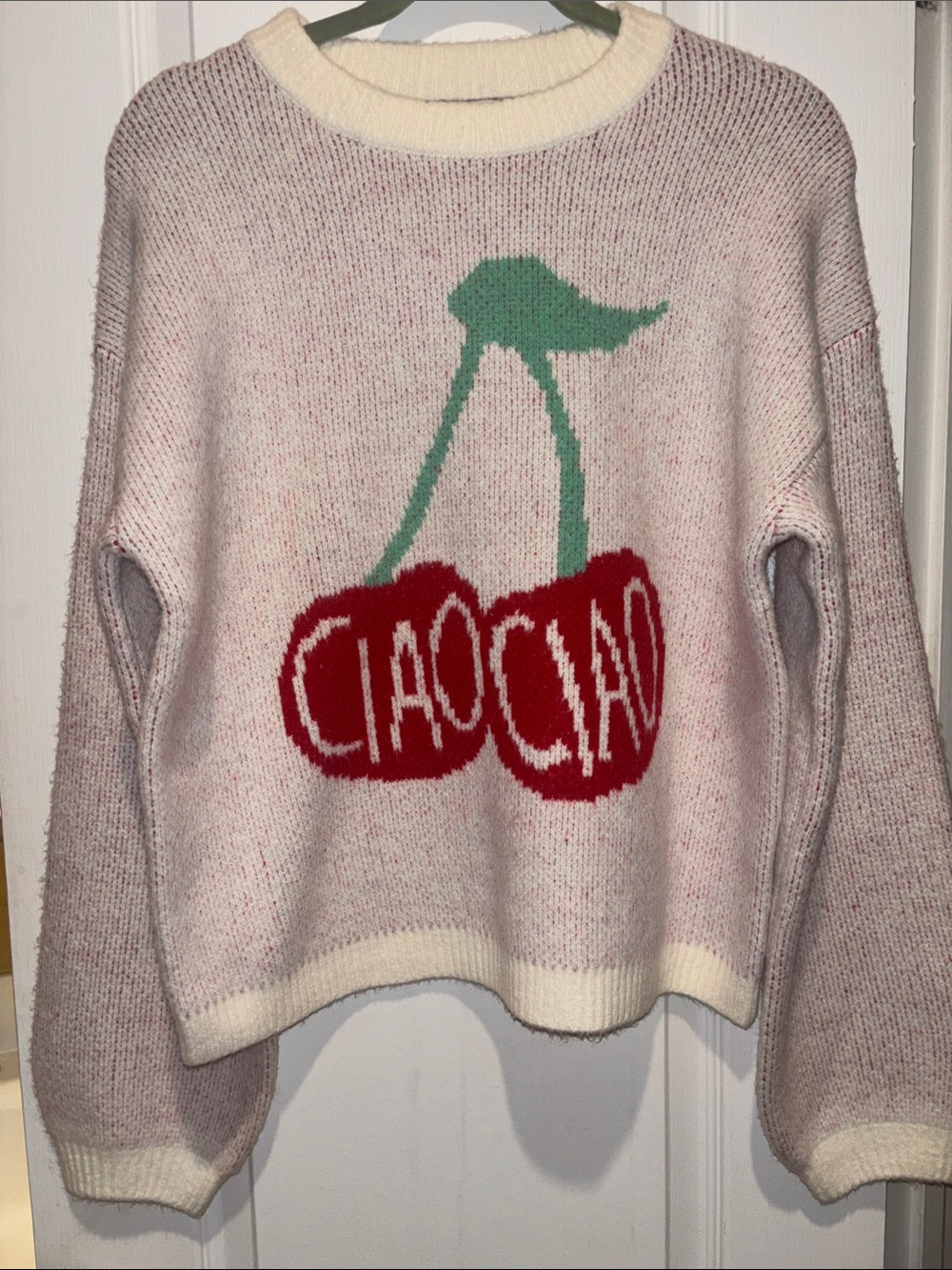 A NEW DAY…SOFT WHITE AND PINK KNIT PULL OVER SWEATER WITH RED CHERRY GRAPHIC NWT